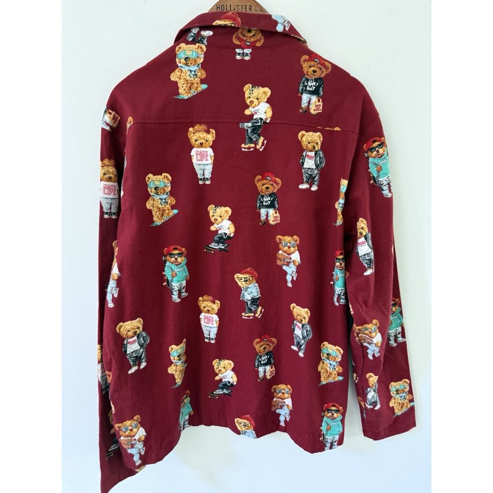 Forever 21 Mens Teddy Bear Print Flannel Lounge Sleep Shirt Pajama Top Large New - Picture 6 of 9